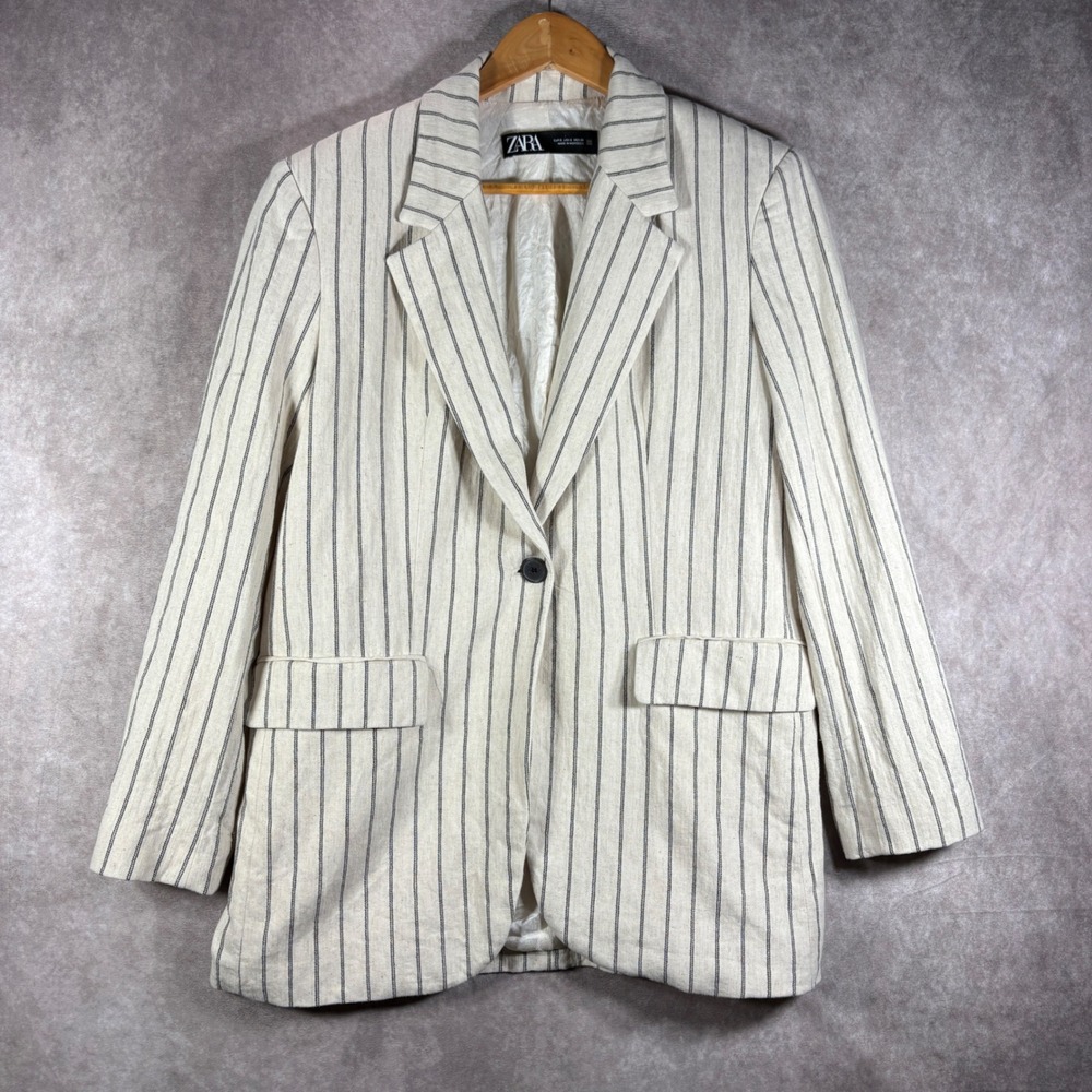 Zara Blazer Women Small Beige Pinstripe Single Button‎ Linen Blend Professional